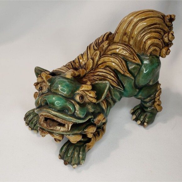 Chinese Foo Dogs, Pair, Green and brown, Unique, Rare - Picture 7 of 12